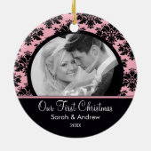 Roze & Black Damask Foto Eerste kerstversiering Keramisch Ornament (Achterkant)