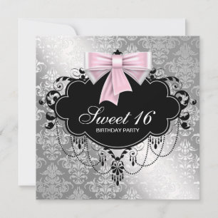 Roze Black Damask Sweet 16 Birthday Party Kaart