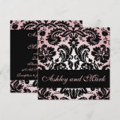 Roze Black Floral Damask Wedding Invitation Kaart (Voorkant / Achterkant)