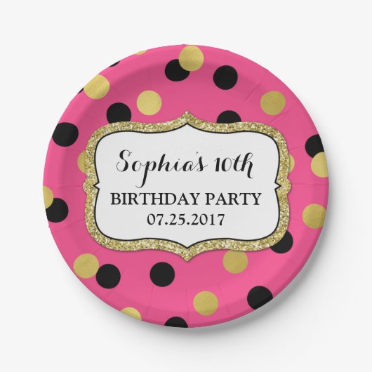 Roze Black Gold Confetti Birthday Party Bord (Voorkant)