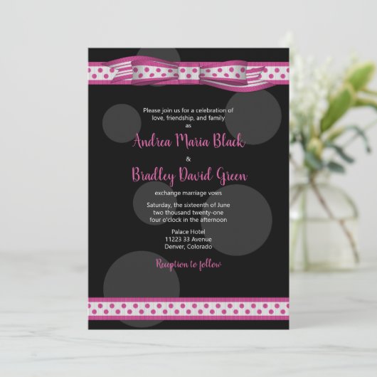 Roze Black Polka Dot Ribbon Weddenschap Kaart (Staand voorkant)