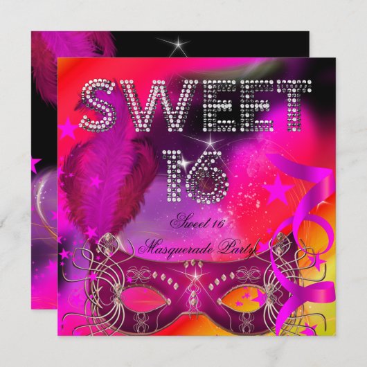 Roze Black Sweet 16 Masquerade Birthday Party Kaart (Voorkant / Achterkant)