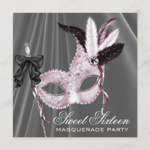 Roze Black Sweet 16 Masquerade Party Kaart