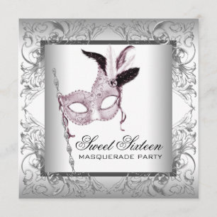 Roze Black White Sweet 16 Masquerade Party Kaart