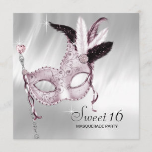 Roze Black White Sweet 16 Masquerade Party Kaart