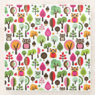 roze bladboom retro uil patroon glazen onderzetter