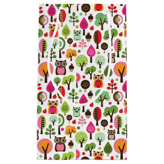 roze bladboom retro uil patroon klein cadeauzakje (Voorkant)