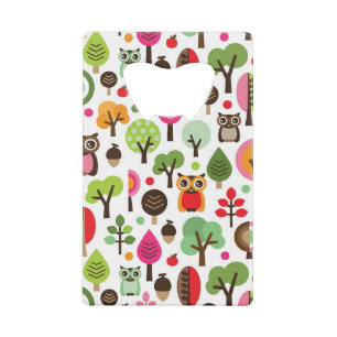 roze bladboom retro uil patroon kredietkaart flessenopener