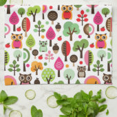 roze bladboom retro uil patroon theedoek (Gevouwen)