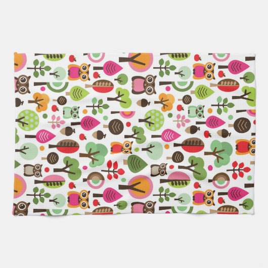 roze bladboom retro uil patroon theedoek (Horizontaal)