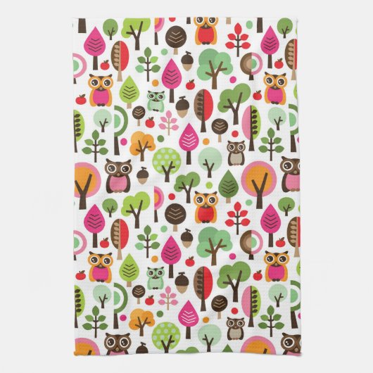 roze bladboom retro uil patroon theedoek (Verticaal)