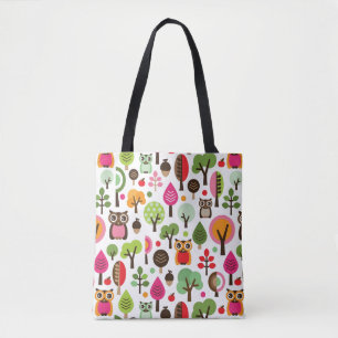 roze bladboom retro uil patroon tote bag