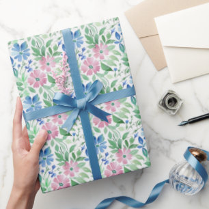 Roze Blau Aquarel Bloemachtige Baby Bruidsdouche  Cadeaupapier