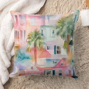 Roze Blau Aquarel Huizen Tropische Palmbomen Kussen