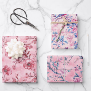 Roze Blau Toile Chinoiserie Bloemen Verjaardag Haa Inpakpapier Vel