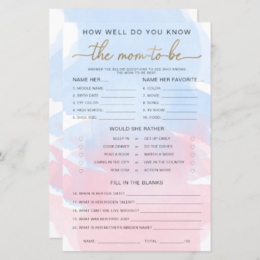 Roze Blauw Aquarel Goud Know The Mom-to-be Game (Voorkant / Achterkant)