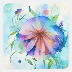 roze, blauw bindwietbloem, waterverf, vierkante sticker
