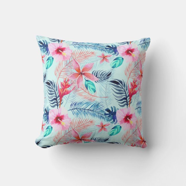 Roze Blauw Blauwgroen Floral Modern Tropisch Patro Buitenkussen (Voorkant)