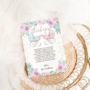Roze Blauw Bloemen Geslacht onthullen Baby shower Bedankkaart