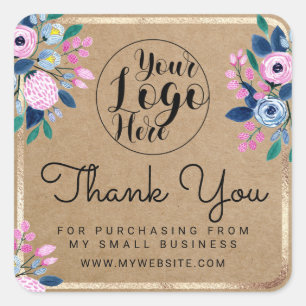 Roze Blauw Bloemen Goud Waterverf Kraft Dank u Vierkante Sticker