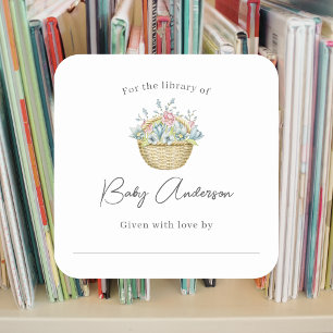 Roze Blauw Bloemen Mand Baby shower Bookplate Vierkante Sticker