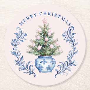 Roze & Blauw Damask Crest Kerstboom Ronde Kartonnen Onderzetter