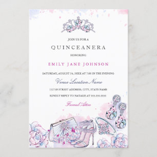 Roze Blauw Elegant Kristal Quinceanera Invite Kaart