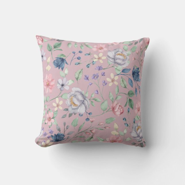Roze Blauw en Gele Floral Kussen (Voorkant)