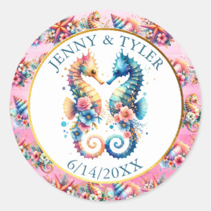 Roze, Blauw en Gouden Kust Zanddollar Strand Ronde Sticker