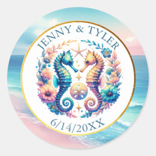 Roze, Blauw en Gouden Kustzeepaardje Beachy Ronde Sticker