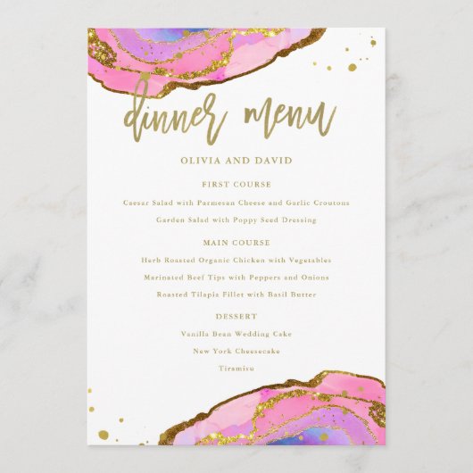 Roze blauw en goudgeode | Weddenschap Menu (Voorkant)