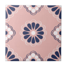 Roze, Blauw en Wit Geometric Flowers Tegel