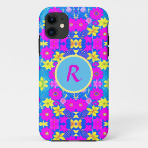 Roze blauw geel bloem patroon achtergrond voeg naa iPhone 11 hoesje