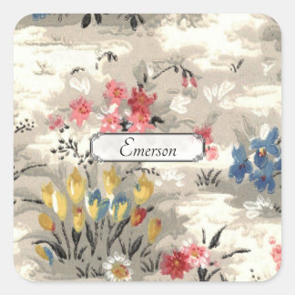  Roze Blauw Geel Bloemen Mid Century Design Vierkante Sticker