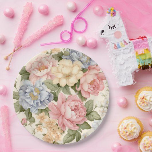 Roze Blauw Geel Bloemen Papier Bord (Feest)