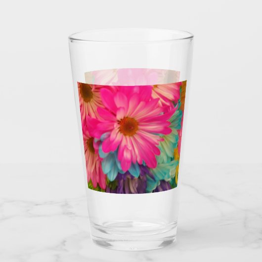 Roze Blauw & Geel Daisies Glas (Voorkant)