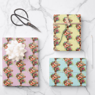 Roze Blauw Geel Houten Kruis Bloemen Pasen Inpakpapier Vel