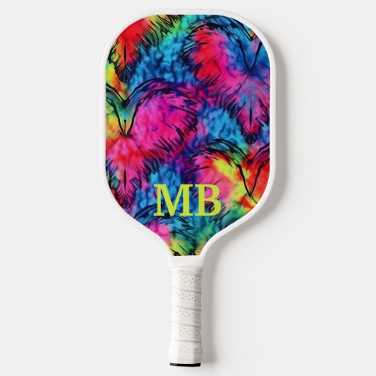 Roze Blauw Geel Tie Dye Hearts Monogram Pickleball Paddle (Achterkant)