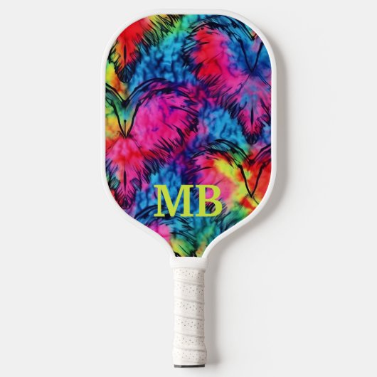 Roze Blauw Geel Tie Dye Hearts Monogram Pickleball Paddle (Voorkant)
