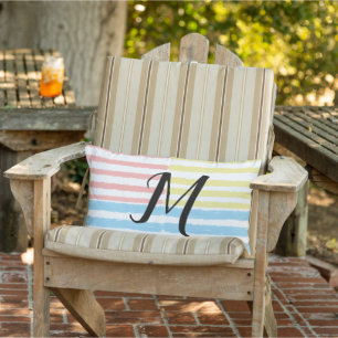 Roze Blauw Gele Aquarel Strepen Monogram  Buitenkussen