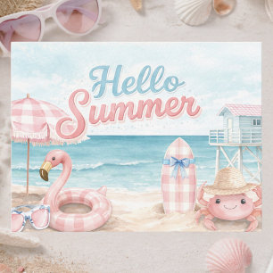 Roze Blauw Gingham Hallo Zomer Strand Kust Briefkaart