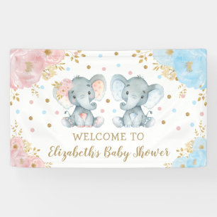 Roze Blauw Goud Bloemen Olifant Twins Baby shower Spandoek