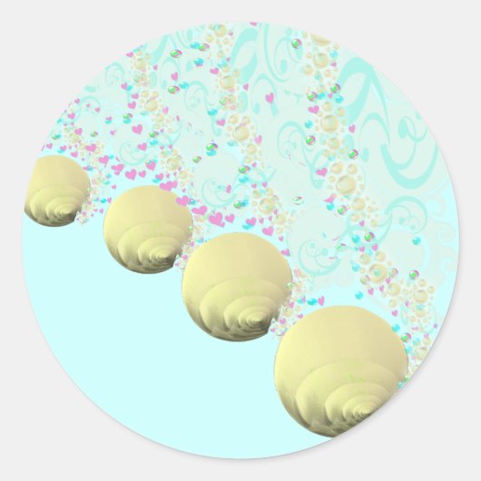 Roze Blauw Goud Seashell Beach Bruiloft Ronde Sticker (Voorkant)