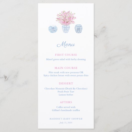 Roze Blauw Grandmillenial Bruiloft Douche Luncheon Menu (Voorkant)