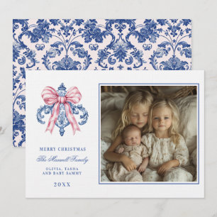 Roze & Blauw Grandmillennial Damask Ornament Foto Kaart