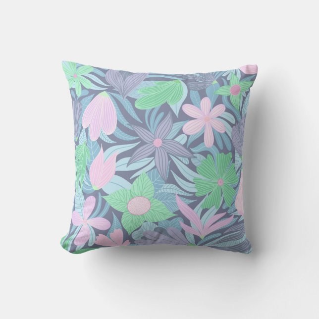 Roze Blauw Groen Bloemen Illustratie Patroon Buitenkussen (Voorkant)