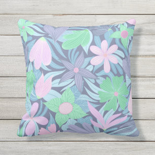 Roze Blauw Groen Bloemen Illustratie Patroon Buitenkussen