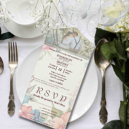 Roze Blauw Groen Bloemen Paar Foto All In One Uitnodiging