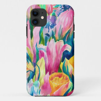 Roze Blauw Groen Geel Sinaasappel Bloem Art Patroo iPhone 11 Hoesje