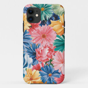Roze Blauw Groen Geel Sinaasappel Bloem Art Patroo iPhone 11 Hoesje
